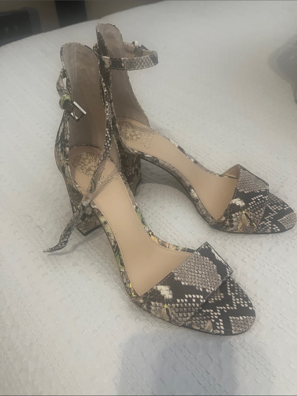 Vince Camuto Snake Print Ankle-Strap Block Heels - Brown/Black
